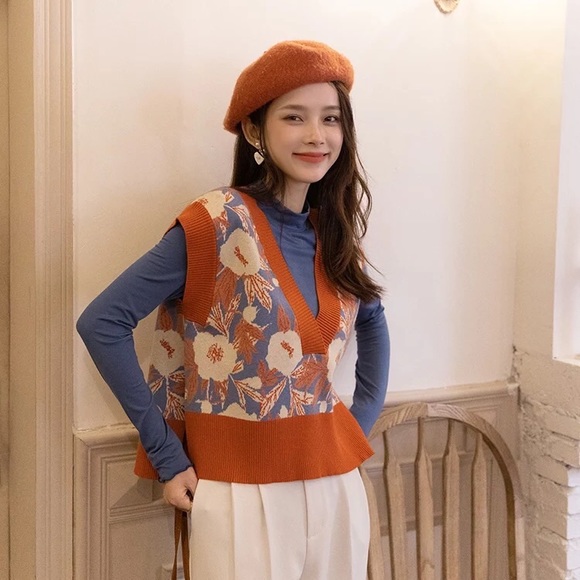 Floral know vest sweater too v-neck high low knit vintage soft orange - Picture 9 of 14